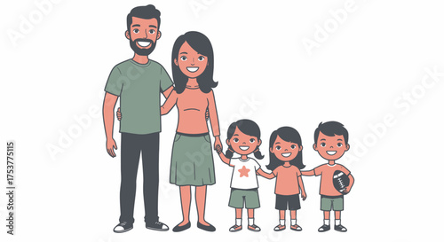 Diverse cartoon family of five, including parents and three children, standing together happily indoors against a white background, vector illustration.