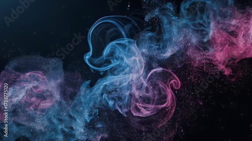 Abstract image of swirling blue and pink smoke against a dark background with stars