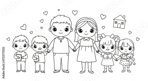 A delightful vector illustration portrays a happy family of six, rendered in a charming black and white line art style, perfect for coloring books and family-themed designs.