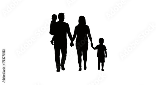A happy family of four, including parents holding hands and two young children, walks together in silhouette style, perfect for a variety of design projects.