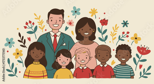 Diverse family portrait illustration featuring parents and children surrounded by colorful floral elements, symbolizing unity and happiness in a vector PNG format.