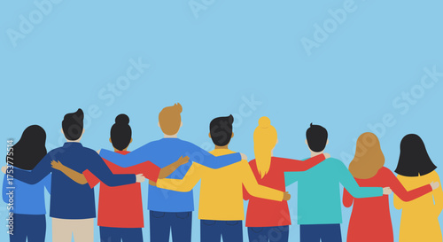 Diverse group of friends and family standing together with arms around shoulders, illustrating unity and strong bonds in a simple vector illustration against a blue background.