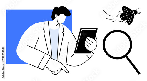 Man in lab coat holds tablet while pointing, magnifying glass and flying insect nearby. Ideal for science, research, entomology, biology, education, technology innovation. Simple flat metaphor
