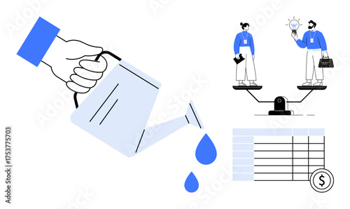 Watering can pouring drops, scale weighing employees with ideas and money, and table with financial signs. Ideal for business strategy, HR planning, growth, equality, financial management, team
