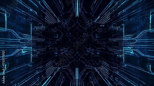 A futuristic, glowing blue network design radiating outwards from the center on a dark background