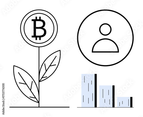 Bitcoin logo on a plant symbolizing growth, user profile icon, and bar chart representing analytics. Ideal for cryptocurrency, investment, portfolio growth, finance, analytics, user engagement