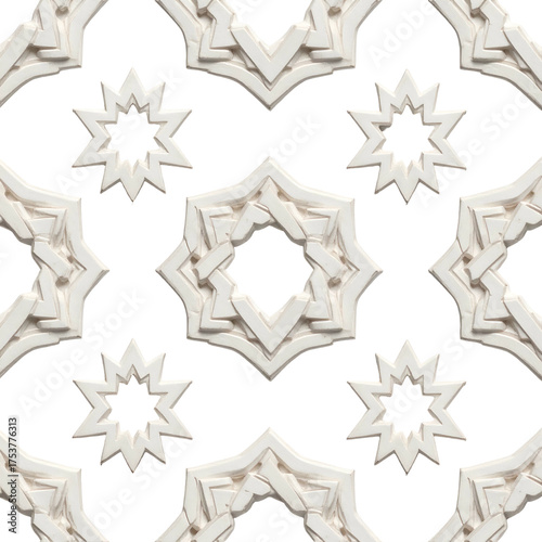 Geometric star patterns adorn a black background in this decorative motif.