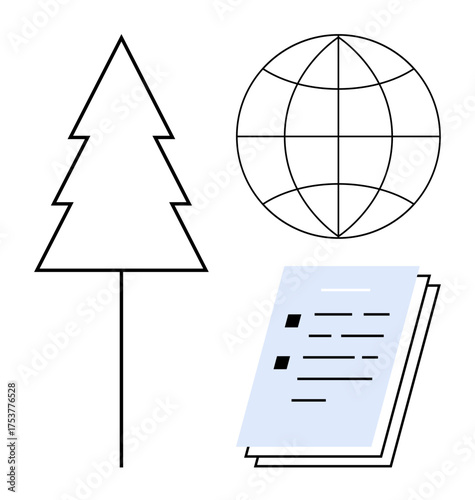 Simplistic tree, globe with latitude-longitude lines, and stack of papers. Ideal for nature, ecology, sustainability, global awareness, education environmental policy green initiatives. Simple flat