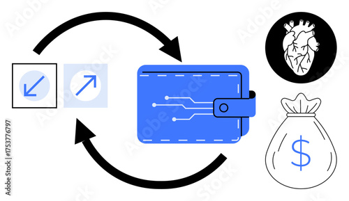 Wallet with circuit details, financial icons, heart diagram, arrows in a cycle. Ideal for fintech, health, economic balance, digital payments, sustainability connection trends simple flat metaphor