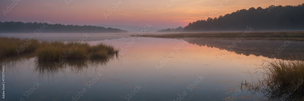 Fototapeta premium Paisaje natural al amanecer con reflejos sobre el agua y niebla suave