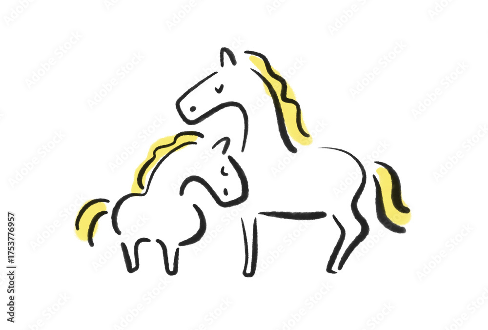 Obraz premium 眼を閉じて寄り添う白馬の親子 墨絵 2026