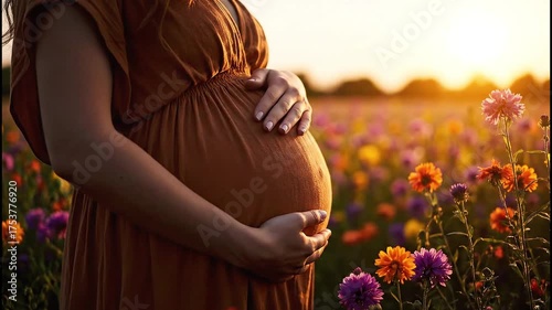 Pregnant Woman in a Flower Field at Sunset