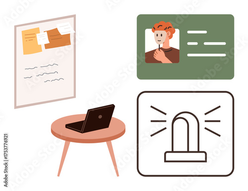 Laptop on table, bulletin board with notes, flashing alarm alert, and user profile card. Ideal for project management, communication, focus, remote work, identity security simple flat metaphor