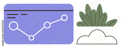 Line chart with data points symbolizes tracking progress complemented by cloud and foliage for eco-friendly themes. Ideal for analytics, growth, nature, sustainability, balance, technology. Simple