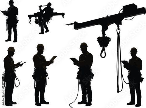 Construction worker silhouettes, safety gear, hard hats, site inspection, crane hook, drone operator, industrial teamwork, urban development, vector illustration