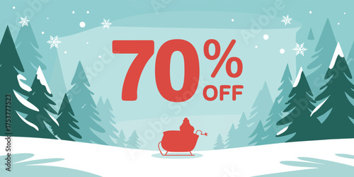 70 off ad Snowy scene with a red sleigh below large text on a light blue background