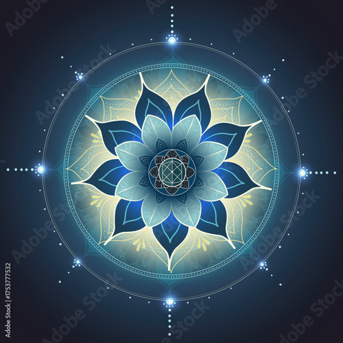 Sacred Mandala – Polyhedral Bloom of Light. A glowing mandala featuring a central polyhedral geometry surrounded by layered petals in blue and white hues. 
