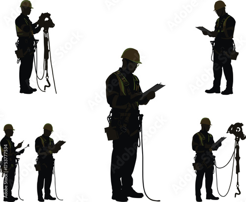 Construction worker silhouettes, safety gear, hard hats, site inspection, teamwork action, industrial safety, urban development, architecture design, vector illustration