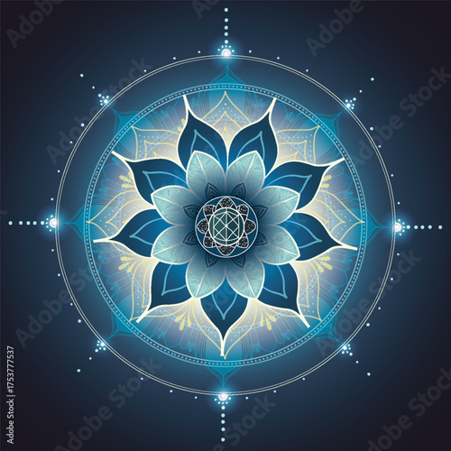 Sacred Mandala – Polyhedral Bloom of Light. A glowing mandala featuring a central polyhedral geometry surrounded by layered petals in blue and white hues. 
