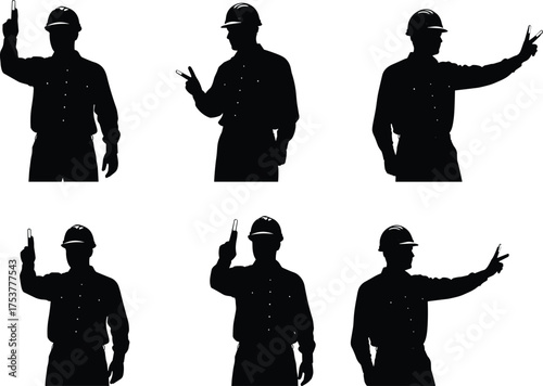 Construction worker silhouettes, smartphone use, safety helmet, site communication, engineer gesture, industrial technology, urban development, teamwork design, vector illustration