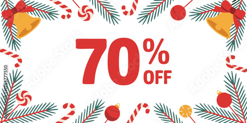70 OFF text surrounded by Christmas decor in a square frame