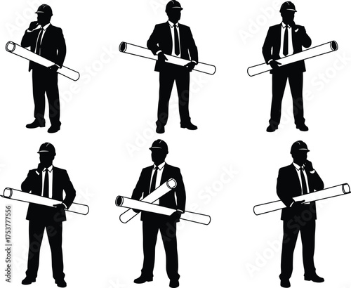 Engineer silhouettes, business attire, hard hat worker, blueprint holding, construction planning, professional posture, architecture design, project manager, vector illustration
