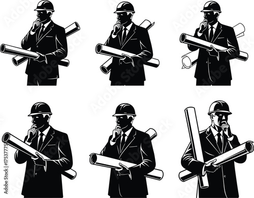 Engineer silhouettes, business attire, hard hat worker, blueprint holding, construction planning, professional posture, architecture design, project manager, vector illustration