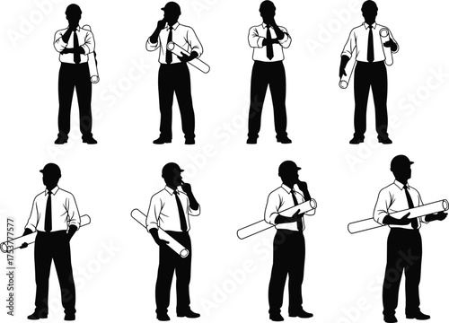 Engineer silhouettes, professional attire, hard hat worker, blueprint holding, construction planning, corporate posture, technical design, architecture concept, vector illustration