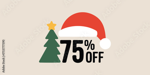 A beigebackground image features 75 OFF next to a Christmas tree  Santa hat