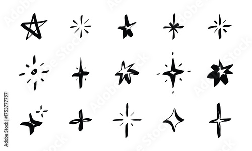 Whimsical sparkle stars doodle set. Shiny and twinkle line elements in hand drawn crayon sketch style. Scribble outline vector illustration