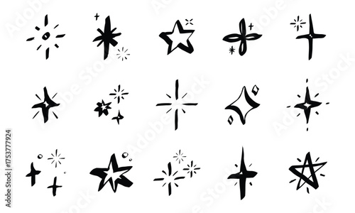 Whimsical sparkle stars doodle set. Shiny and glitter line elements in hand drawn crayon sketch style. Scribble outline vector illustration