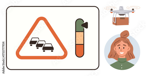 Warning sign showing three cars signaling traffic congestion, congestion level bar. Delivery quadcopter carrying a package and a cheerful female avatar. Ideal for technology, transportation