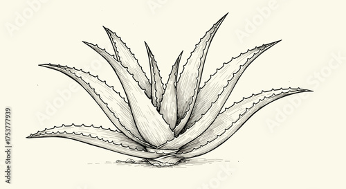 Vintage aloe vera drawing in black and beige for herbal product packaging