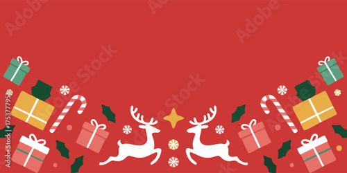 Christmas pattern with reindeer gifts candy canes on a red background