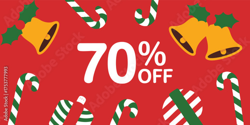 Christmas sale ad 70 off with festive candy canes bells red background