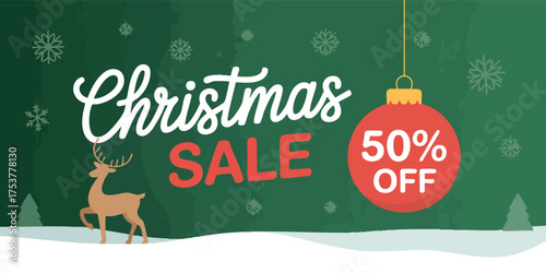 Christmas sale design reindeer ornament snow  a green background with snowflakes