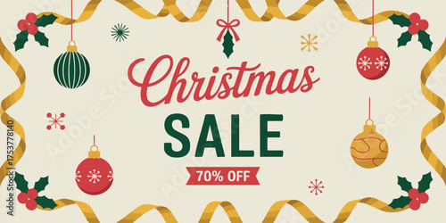 Christmas Sale banner with ornaments ribbons holly berries snowflakes on a beige backdrop