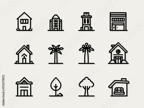 Minimalist Vector Icon Set of Houses and Trees in Modern Line Style for Urban and Nature Themes
