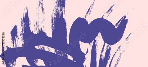 Abstract expressive curve ultramarine blue squiggle brush strokes on pink background. Grunge artistic purple wavy and sumi-e scribble paintbrush splash texture for trendy banner, poster design
