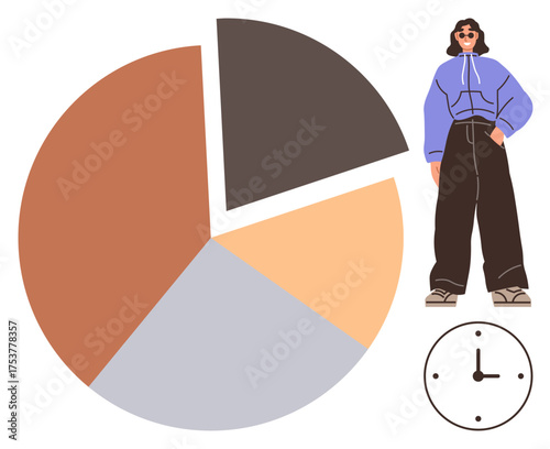 Casual person beside a segmented pie chart and clock, symbolizing data, analysis, time management. Ideal for business, statistics, productivity, planning, lifestyle education simple flat metaphor