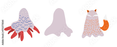 Cute childish hand drawn Halloween Party animal ghosts characters. Autumn spooky holiday fox, octopus ghost dressing for greeting cards design, stickers, kids banners decor