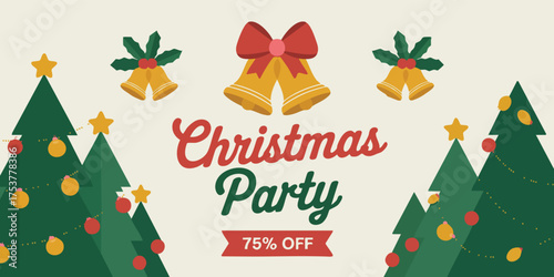 Christmasthemed image features stylized trees bells text and a 75 OFF banner on a pale background