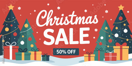 Holiday sale graphic Christmas trees snow presents and sale text on a red background
