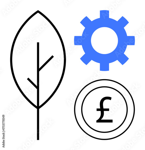 Black outline leaf, blue gear, and pound currency coin combine nature, industry, and finance. Ideal for sustainability, green energy, ecology, renewable resources economy innovation