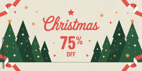 Holiday sale graphic shows Christmas trees  75 Off with stars and candy cane motifs against a light background