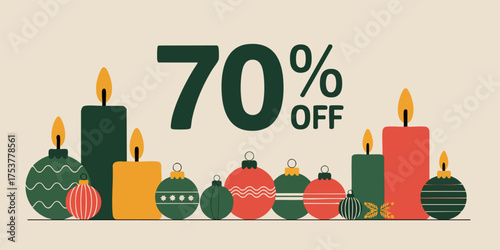 Holiday sale graphic with 70 OFF text candles and Christmas ornaments in green red and yellow tones