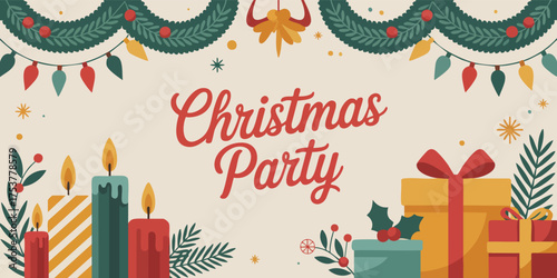 Holiday scene with Christmas Party text garland gifts  candles