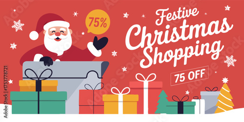 Santa in a sack with gifts text Festive Christmas Shopping 75 OFF on a red background