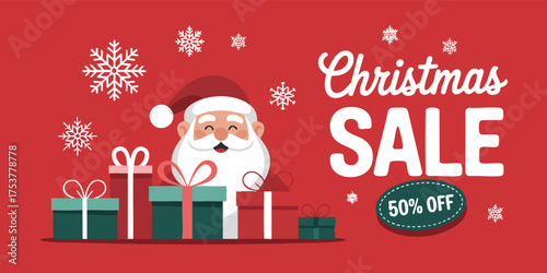 Santa with gifts on a red backdrop white snowflakes and Christmas Sale text with a 50 off discount