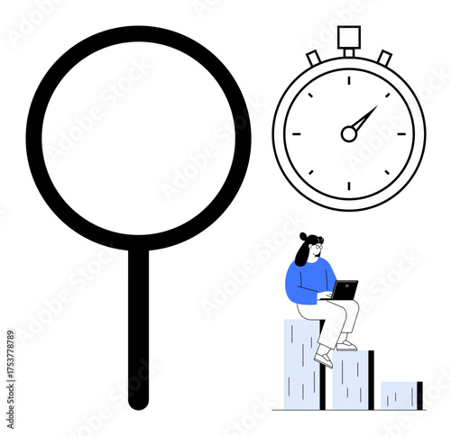 Magnifying glass, stopwatch, woman using laptop seated on bar chart. Ideal for productivity, analytics, efficiency, planning, time tracking performance research. Clean simple flat metaphor
